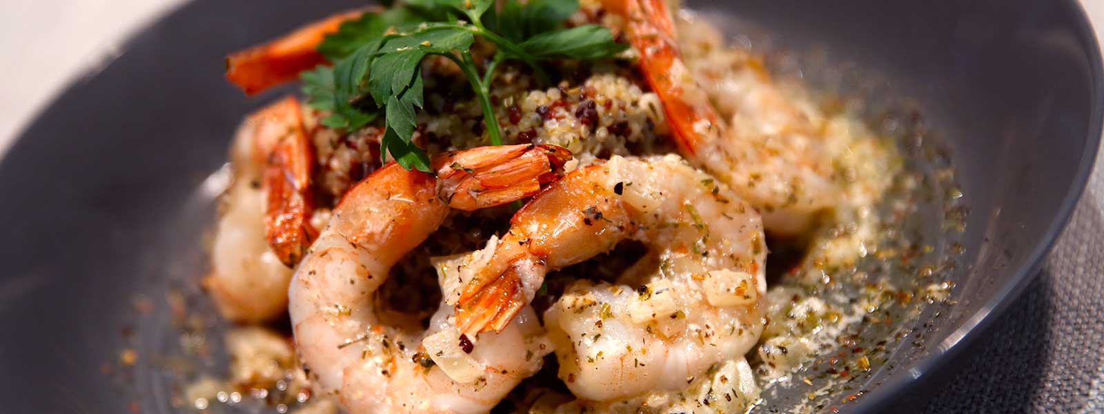 Shrimp grilled on the Big Green Egg served over a bed of Quinoa