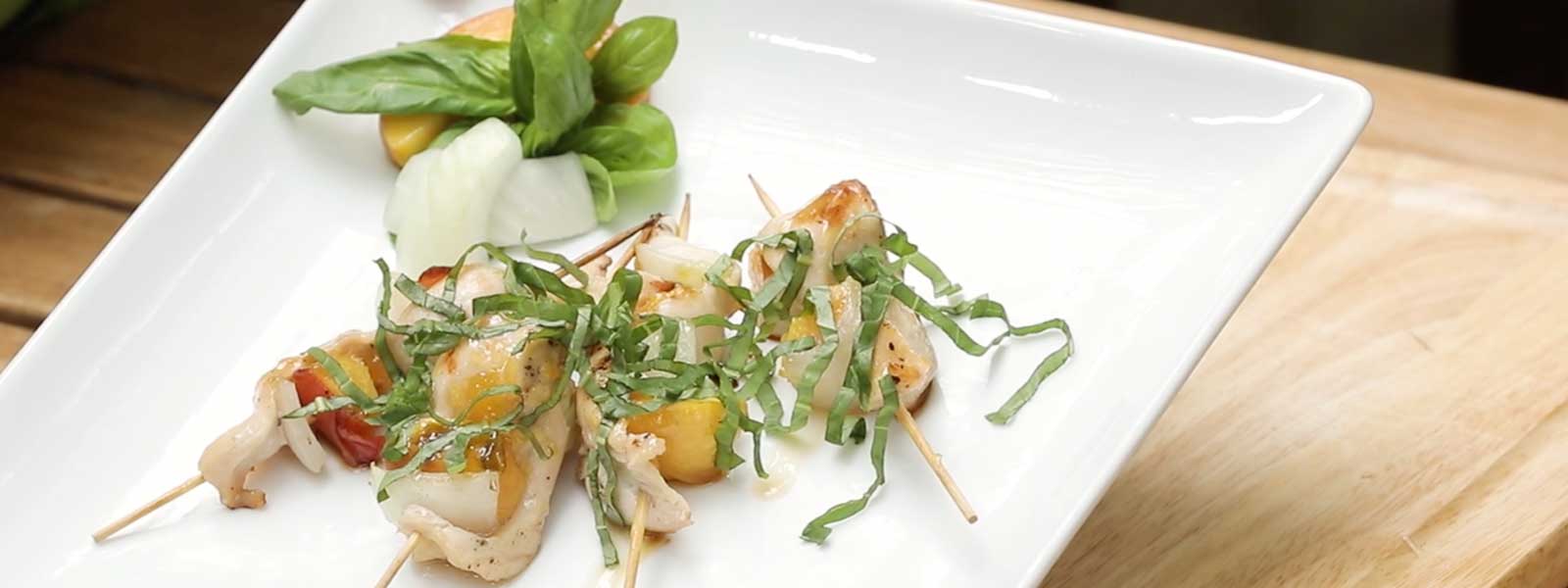 Grilled Vidalia Onion Chicken peach skewer