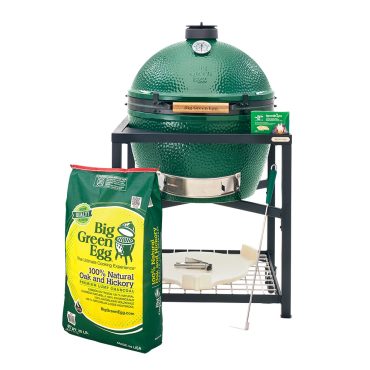 Big Green Egg Xlarge package in new modular nest with Xlarge conveggtor, 20 lb bag of lump charcoal, large ash tool, grid gripper, reggulator top, speedilight charcoal starters