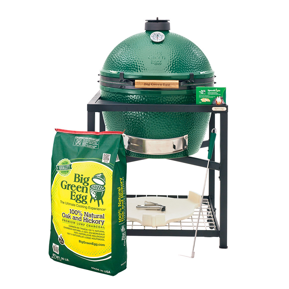 Big Green Egg Xlarge package in new modular nest with Xlarge conveggtor, 20 lb bag of lump charcoal, large ash tool, grid gripper, reggulator top, speedilight charcoal starters