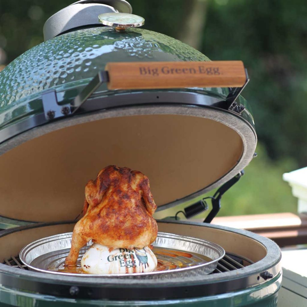 Chicken on Big Green Egg Cast Iron Grid with Ceramic Chicken Roaster