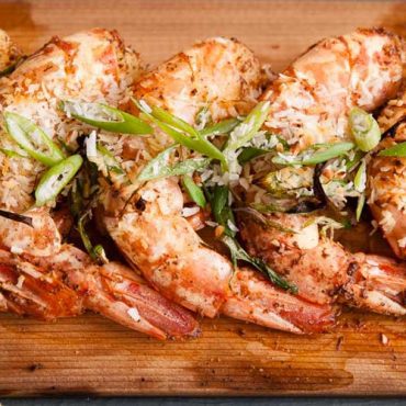 Cedar Planked Jerk Coconut Shrimp