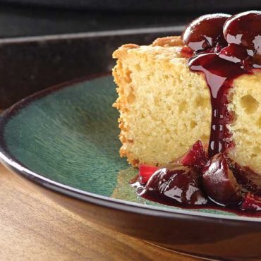 Crème Fraiche Skillet Cake with Cherries and Rhubarb