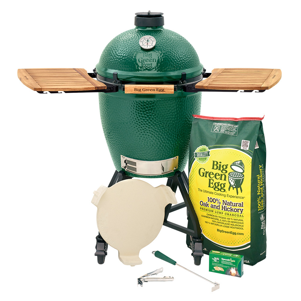 Large size Big Green EGG starter package: Big Green Egg, nest+handler, acacia mates, lump charcoal, charcoal starters, ash tool, grid gripper, large convEGGtor