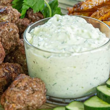 Steakhouse Meatballs with French Fries and Tzatziki Sauce