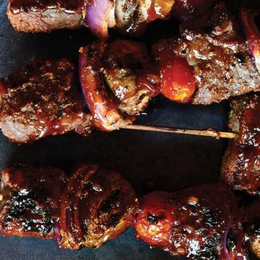 Wine Marinated Beef Skewers with Cherry Bourbon Glaze