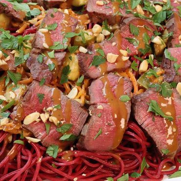 Grilled Steak Over Chilled Beet Pasta