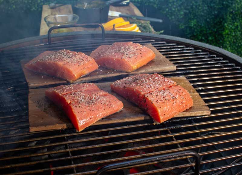 Salmon on planks